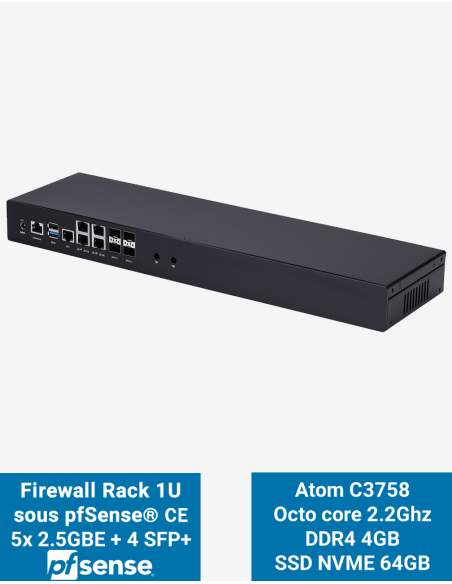 Firewall pfSense R2x Rackmount 1U Celeron C3758 5x2.5G 4xSFP+ 4GB SSD 64GB