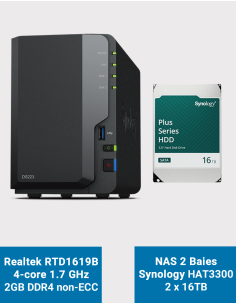Synology DS223 NAS Server HAT3300 32TB (2x16TB)