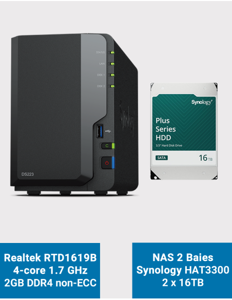 Synology DS223 NAS Server HAT3300 32TB (2x16TB)