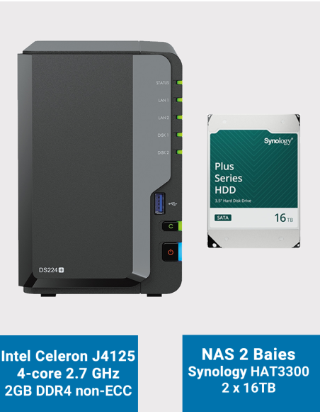 Synology DiskStation DS224+ 2GB NAS Server HAT3300 32TB (2x16TB)