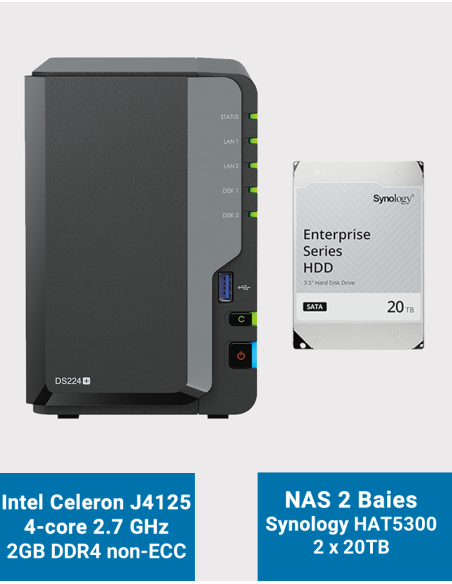 Synology DiskStation DS224+ 2GB NAS Server HAT5300 40TB (2x20TB)
