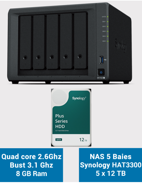 Synology DiskStation DS1522+ Serveur NAS HAT3300 60To (5x12To)