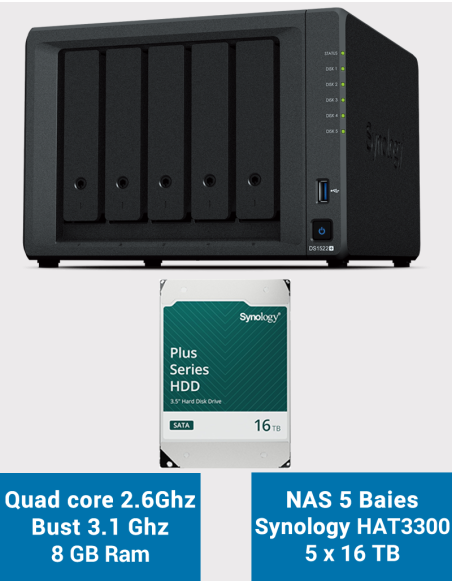 Synology DiskStation DS1522+ Servidor NAS HAT3300 80TB (5x16TB)