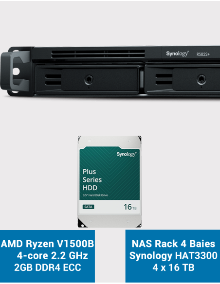 Synology RS822+ 2GB NAS Server Rack 1U HAT3300 64TB (4x16TB)