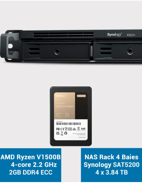 Synology RS822+ 2GB NAS Server Rack 1U SSD SAT5200 15.36TB (4x3.84TB)