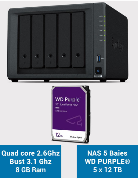 Synology DiskStation® DS1522+ NAS Server WD PURPLE 60TB (5x12TB)