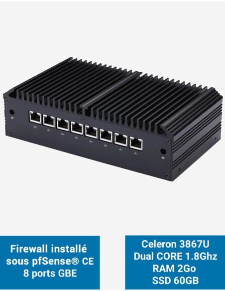 Firewall Q8x Celeron 3867U 8 ports GbE 2GB 60GB