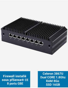Cortafuegos Q8x Celeron 3867U 8 puertos GbE 8GB 16GB