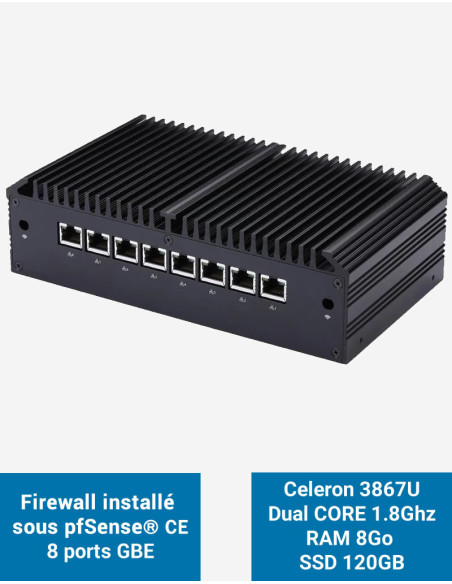 Cortafuegos Q8x Celeron 3867U 8 puertos GbE 8GB 120GB