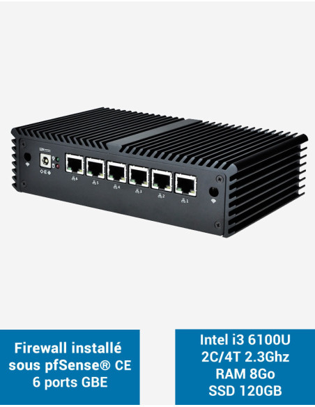 Firewall pfSense® Q5x Intel i3 6100U 6 puertos Gigabit 8GB SSD 120GB