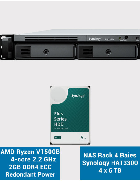 Synology RS822RP+ 2GB Servidor NAS Rack 1U HAT3300 24TB (4x6TB)
