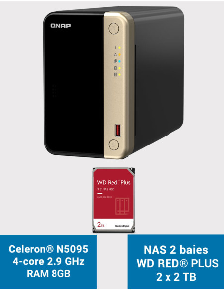 QNAP TS-264 8GB Serveur NAS 2 baies WD RED PLUS 4To (2x2To)
