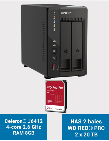 QNAP TS-253E 8GB Servidor NAS 2 bahías WD RED PRO 40TB (2x20TB)