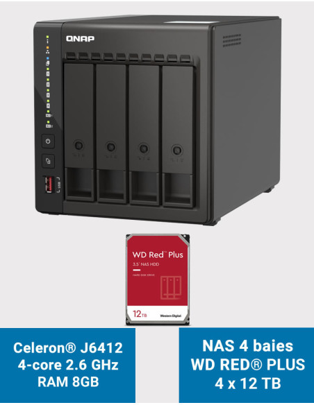 QNAP TS-453E 8GB Servidor NAS 4 bahías WD RED PLUS 48TB (4x12TB)