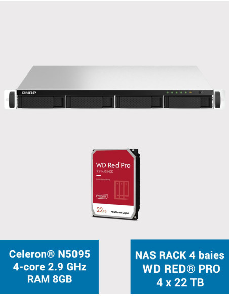 QNAP TS-464U 8GB Serveur NAS Rack 1U 4 baies WD RED PRO 88To (4x22To)