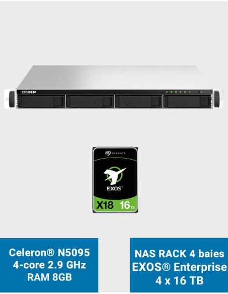 QNAP TS-464U 8GB 1U Rack 4-Bay NAS Server EXOS Enterprise 64TB (4x16TB)