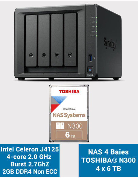 Synology DS423+ 2Go Serveur NAS Toshiba N300 24To (4x6To)