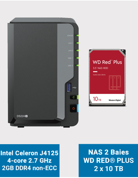 Synology DiskStation DS224+ 2GB NAS Server WD RED PLUS 20TB (2x10TB)