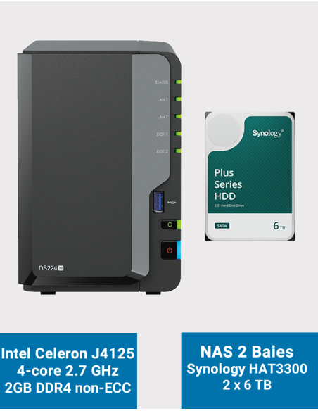 Synology DiskStation DS224+ 2GB NAS Server HAT3300 12TB (2x6TB)