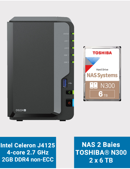 Synology DiskStation DS224+ 2GB NAS Server Toshiba N300 12TB (2x6TB)