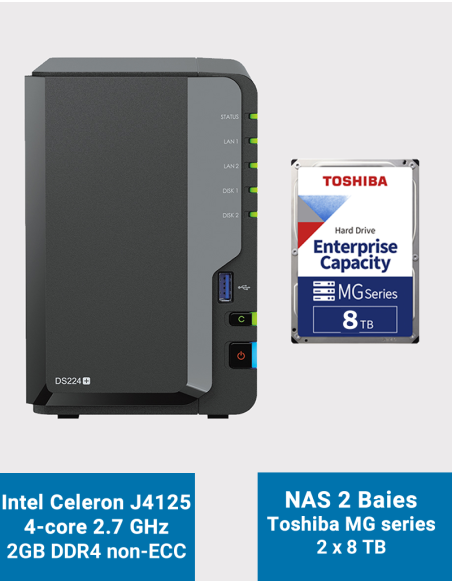 Synology DiskStation DS224+ 2GB NAS Server Toshiba MG series 16TB (2x8TB)