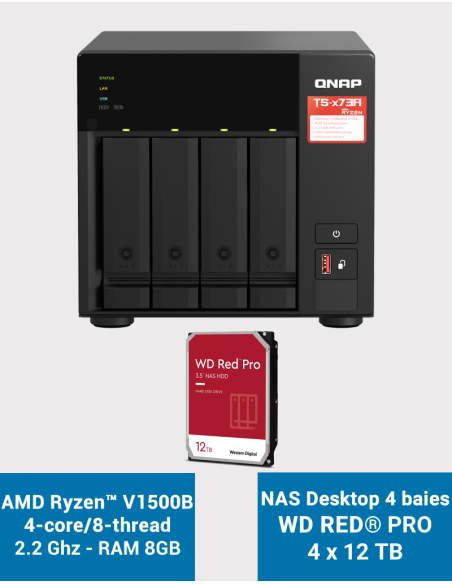 Qnap TS-473A 8GB NAS Server 4 bays WD RED PRO 48TB (4x12TB)